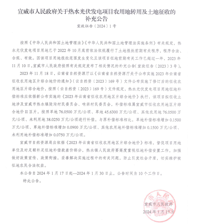 云南宣威市提高光伏用地補償標準：旱地、農用地增長(cháng)0.15萬(wàn)元/公頃 草地0.09萬(wàn)元/公頃