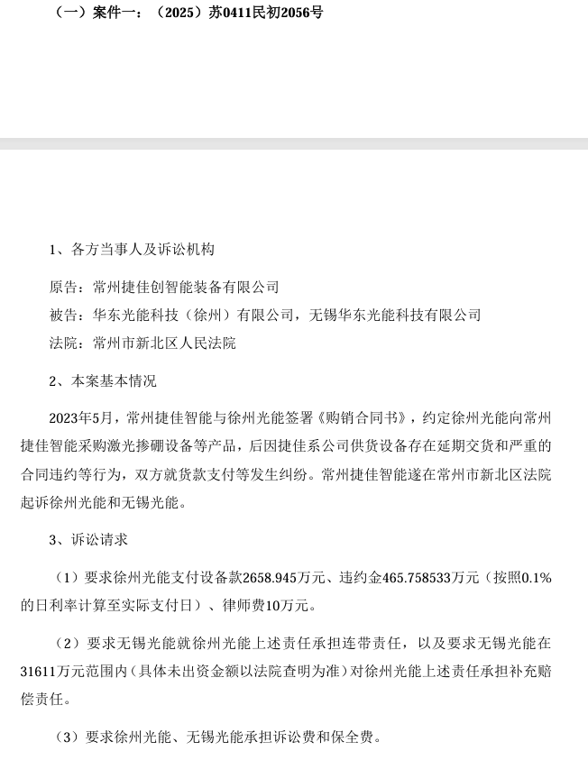 涉設備買(mǎi)賣(mài)合同糾紛！華東重機光伏子公司被告